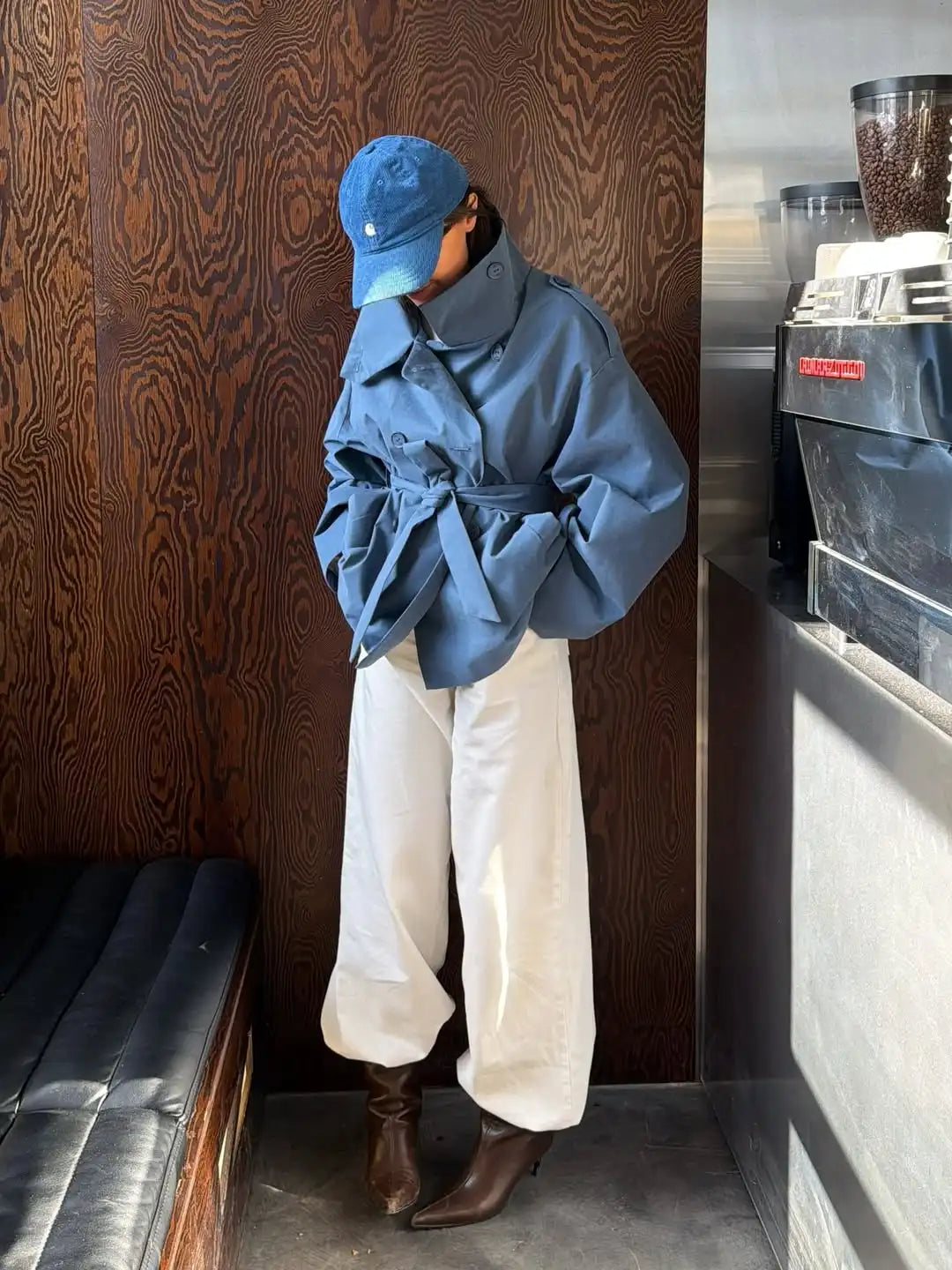 Women Casual Blue Lace-up Trench Coats Chic Stand Collar Full Sleeve Double Breasted Loose Windbreaker Lady Commute Coat 2026