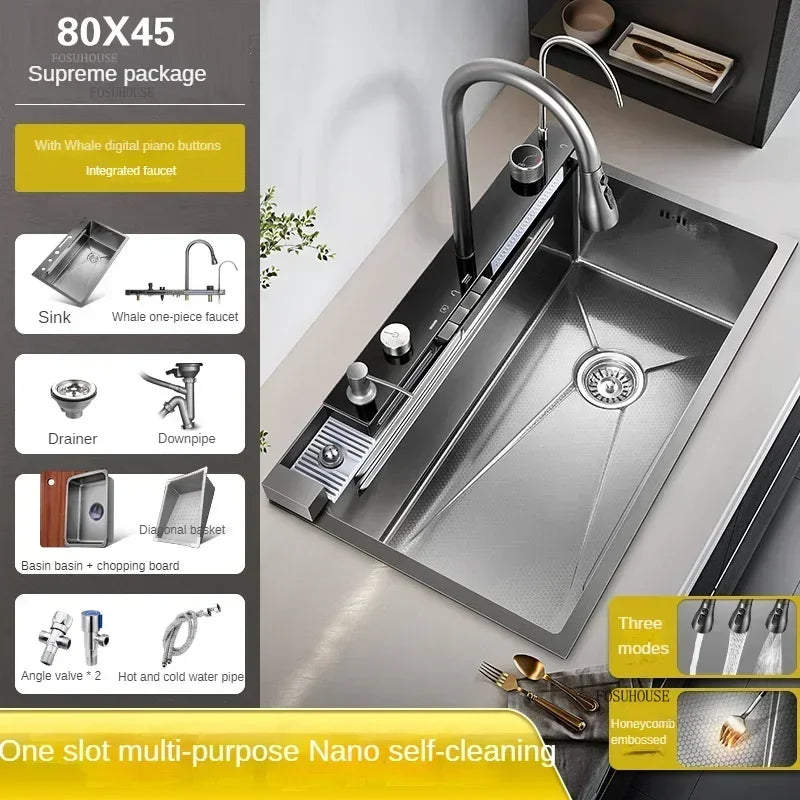 304 Stainless Steel Kitchen Sinks Large Single Bowl Nano Embossed Wash Basin Digital Display Modern Home Station