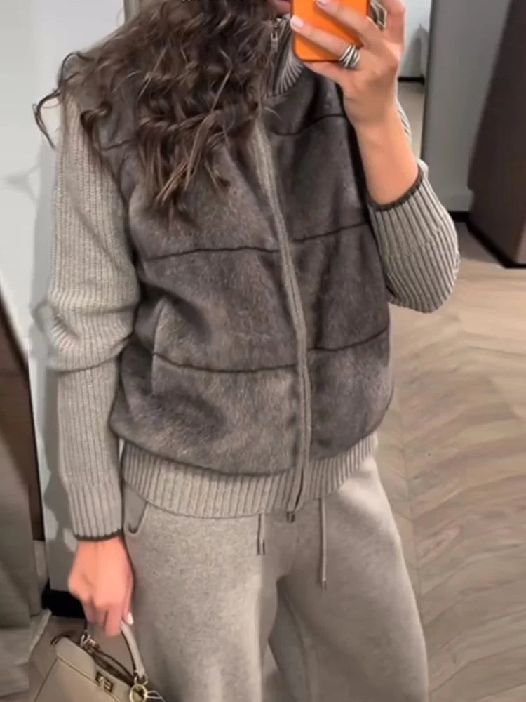 2026 Spring Knitted Long Pants Sets For Women Faux Fur Patchwork Zipper Sweater Jacket Wide Leg Trousers Lady Chic 2 Pieces Sets