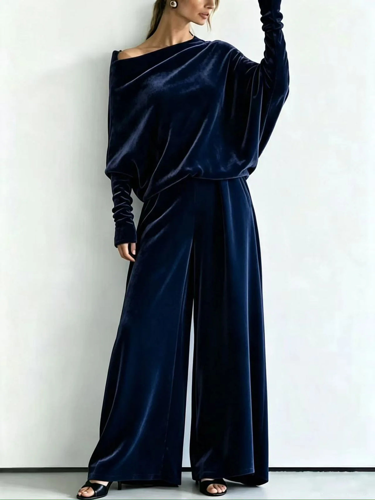 Women's Suit Two Piece Pants Set One Shoulder Batwing Sleeve Velvet Wide Leg Trousers Loose Fit Autumn Winter Tracksuit