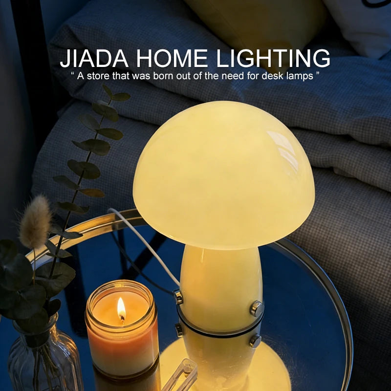 Forest Shade Glass Mushroom Table Lamp Nordic Bauhaus Ins Cream Style Girly Living Room Bedroom Bedside Ornament Ambient Night