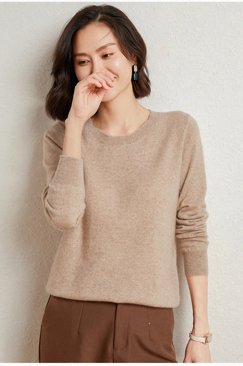 100%Merino Pure Wool Pullover Sweater For AutumnWinter Women's Round Neck Warm High-Quality Solid Color Basic Knitted Jumper Top