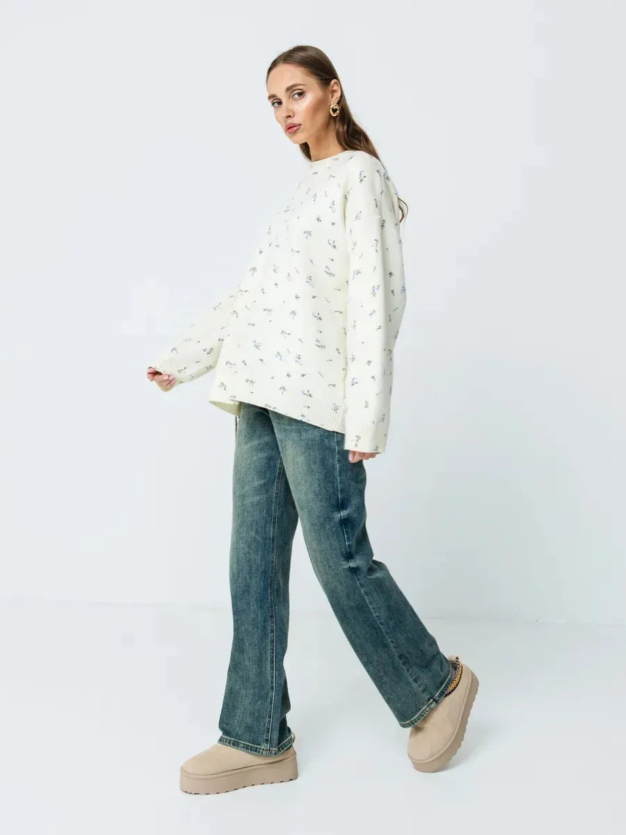Women's Cream White Floral Print Longline Knit Sweater Crew Neck Relaxed Fit Cardigan with Flowers Fall Winter Boho Chic