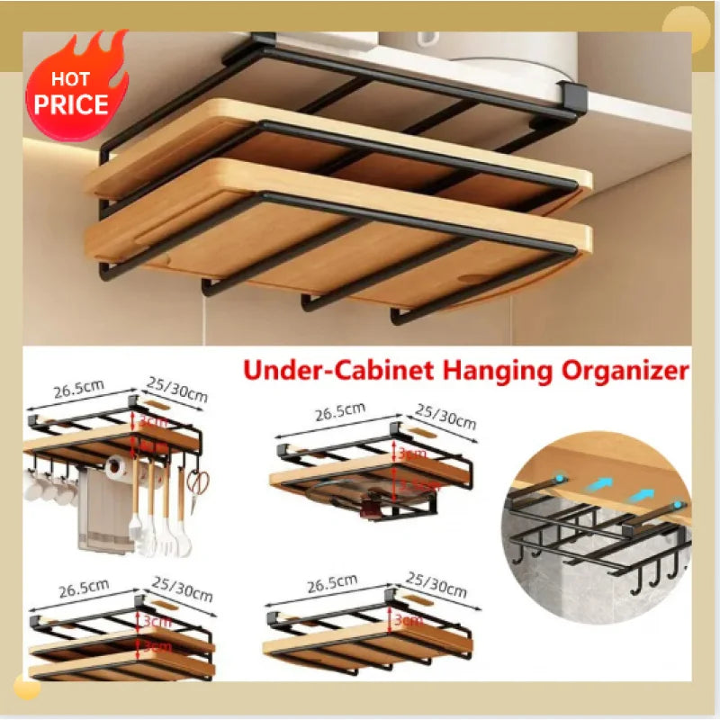 Kitchen Hanging Organizer Rack with Hooks Under Cupboard Paper Towel Rags Hanger Cutting Board Pot Cover Holder Storage Shelf