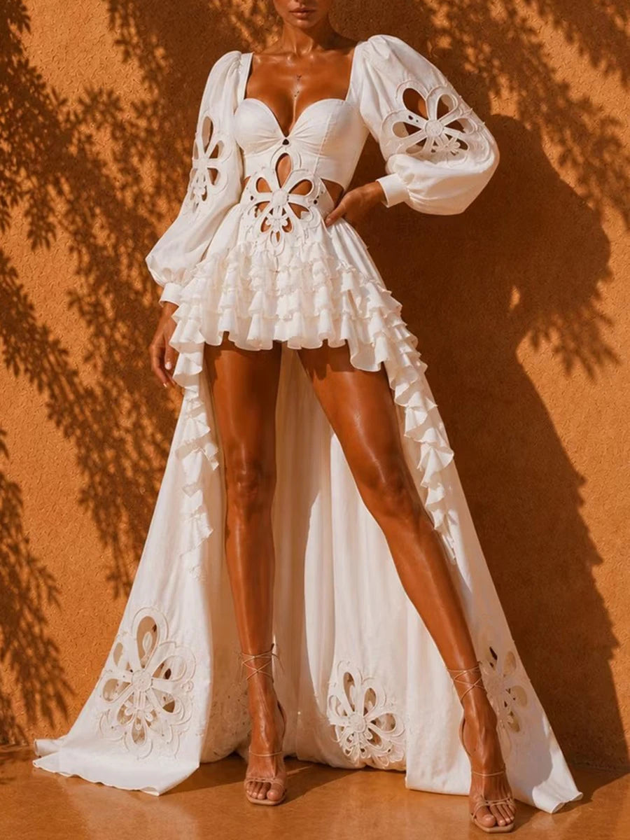 VGH Fashion Style White Cutout Floral Accent Gown for Women Square Collar Puff Sleeve Asymmetric Train Skirt for Beach Elopement