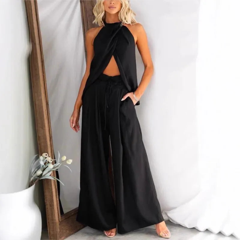 2025 Summer New Women's Elegant Solid Set Sexy Halter Tops+Lace-up Wide-leg Pants Two Piece Set Fashion High Street Office Lady