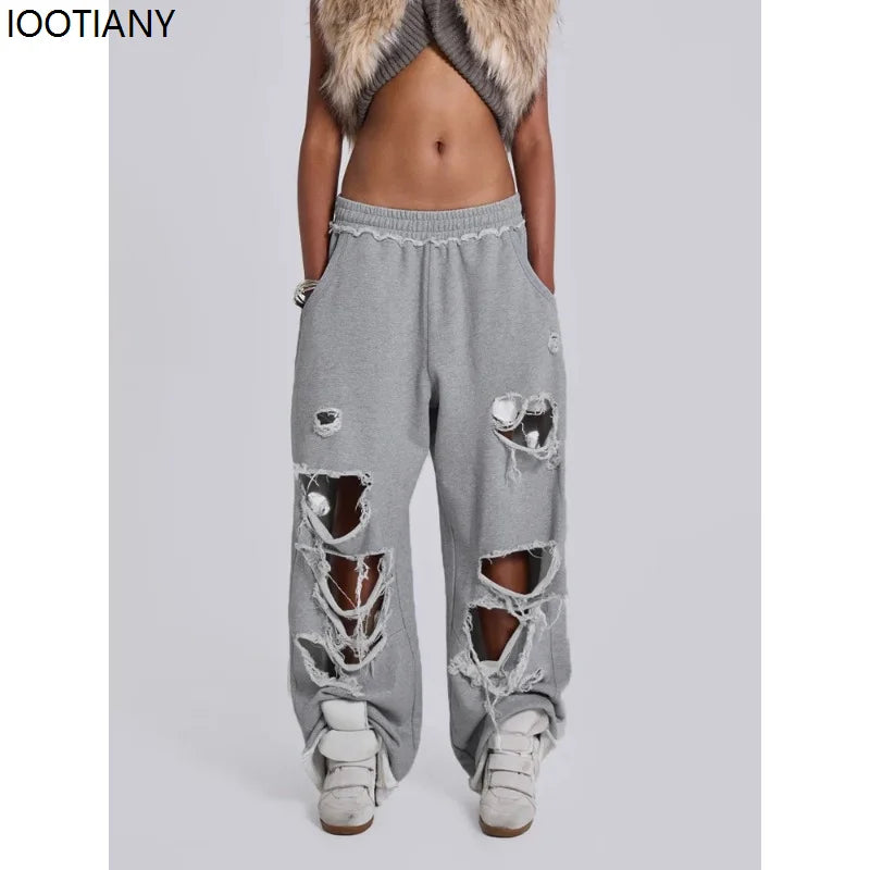 Y2k Grey Ripped Women's Jogging Wide Leg Pants American Retro Hip-hop Drape Thin Sports Pants Solid Color Loose Casual Summer