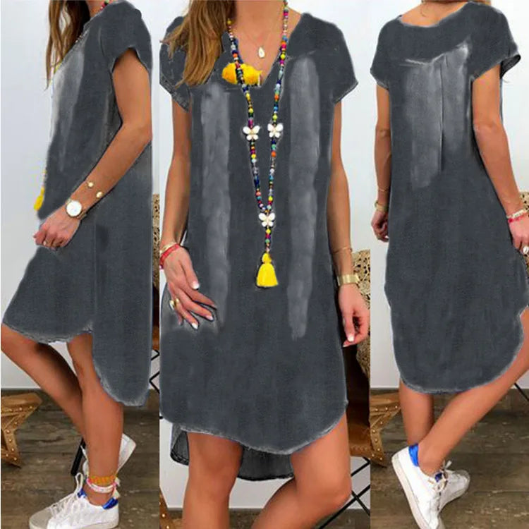 Summer New European and American V-neck Pullover Short-sleeved Denim Dress 2025 Cross-border