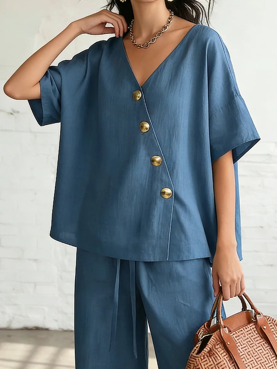 Casual Cotton Loose Pants Sets Women Summer 2026 Fashion Short Sleeve V-neck Tops And Wide Leg Pant 2 Piece Set Woman Outfits