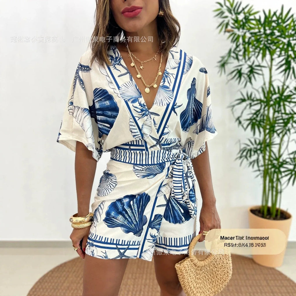 Women V Neck Beach Printed High Waist Stretch Jumpsuit Shorts Overall Playsuit