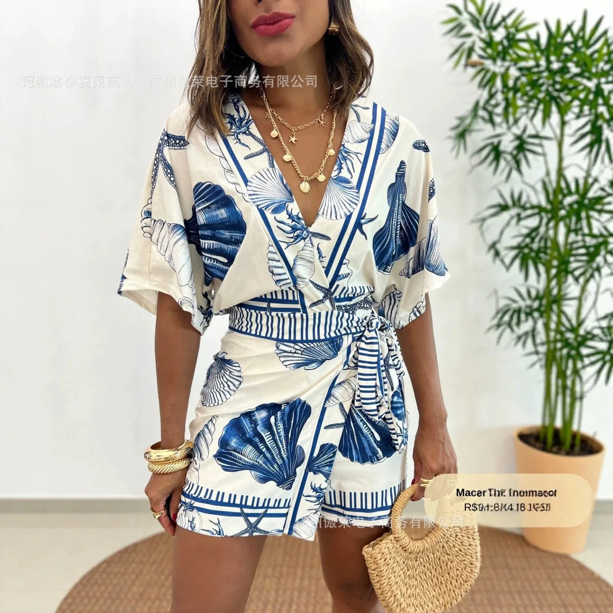 Women V Neck Beach Printed High Waist Stretch Jumpsuit Shorts Overall Playsuit