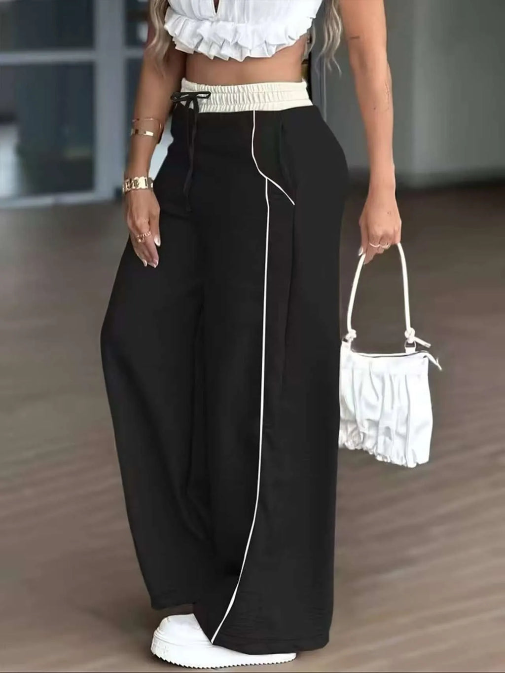 Women Pants High Waist Full Length Trousers Light Beige Wide Leg Pants Black Ruffle Trim Loose Fit Pants Women's Crop Top