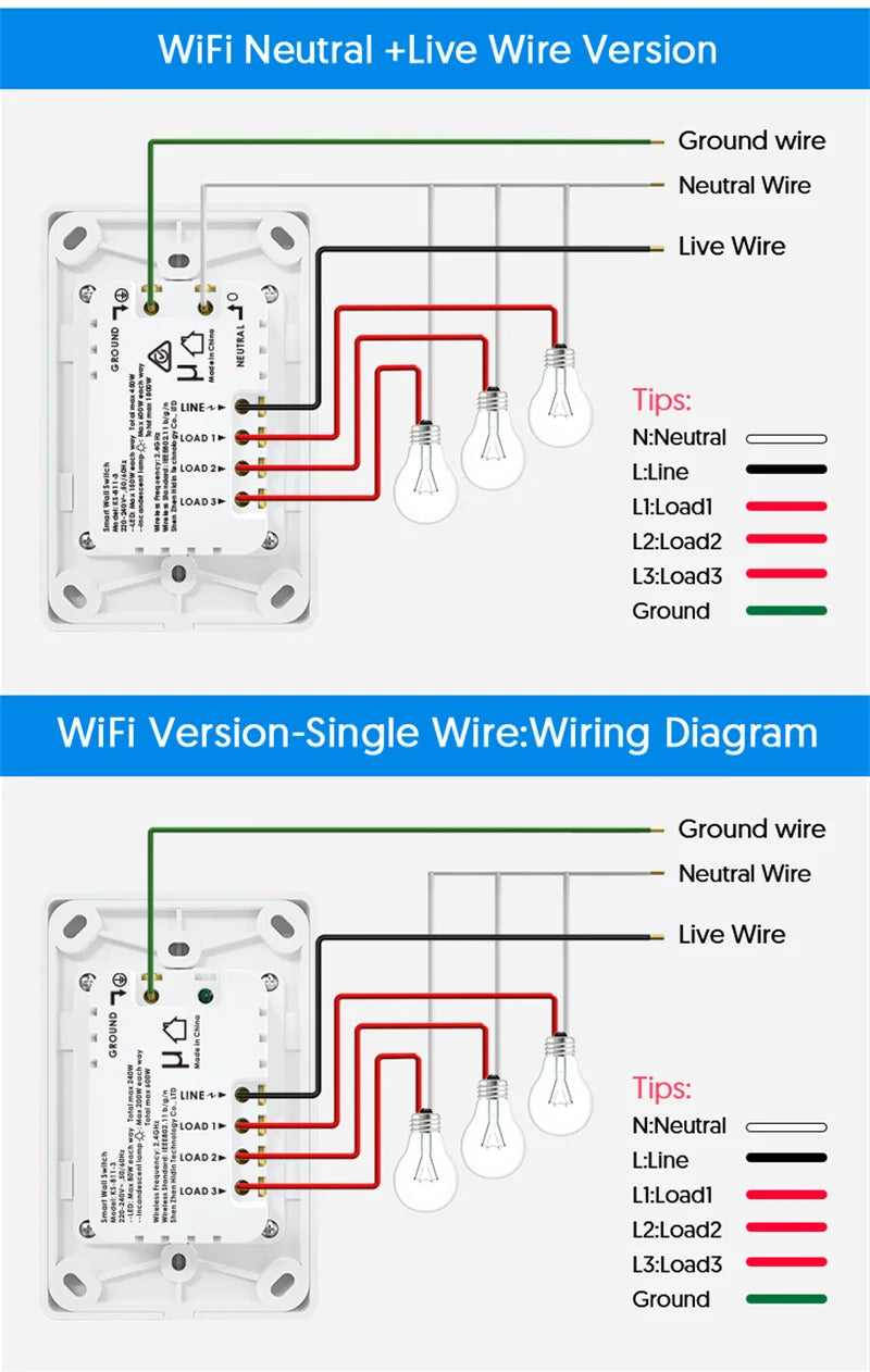Tuya WiFi Light Switch Smart Wall Push Button Switches No Neutral Required 110-240V 1/2/3 Gang Physical Lamp Switch APP Voice