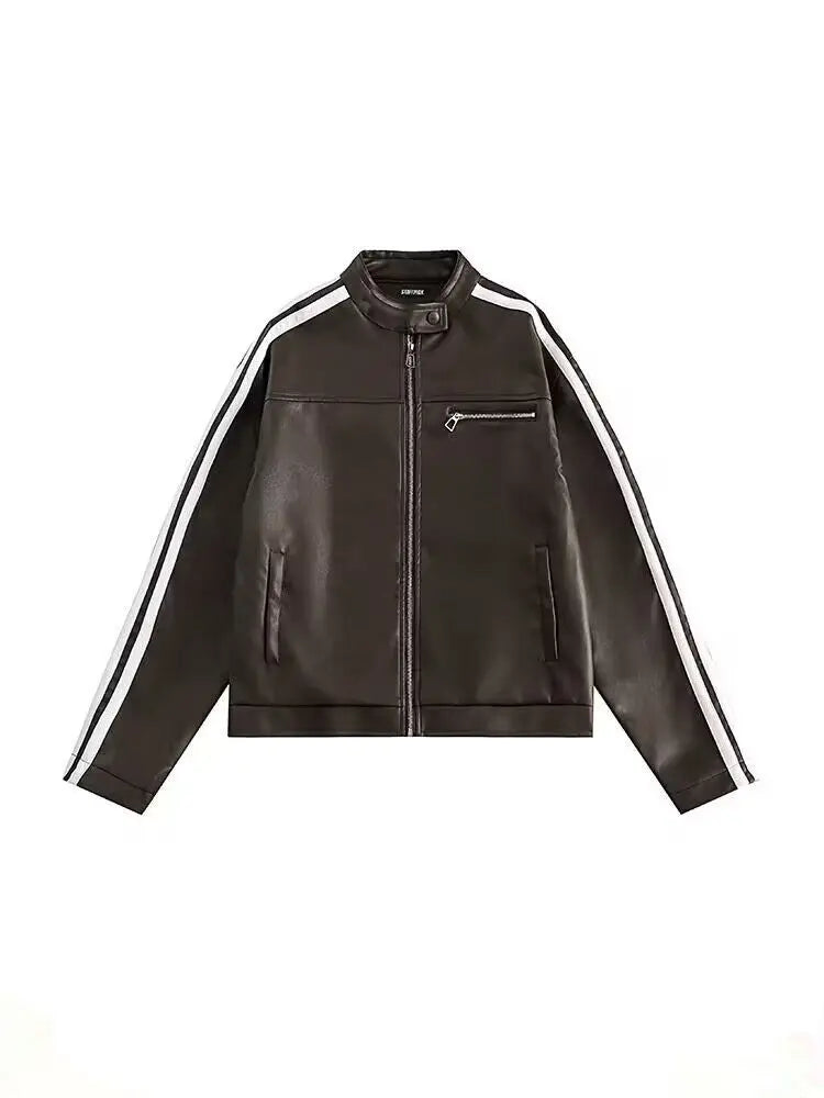 Youth Men's Biker Jacket Patchwork Stripes PU Leather Coat Stand Collar Zipper Long Sleeve Loose Fit Spring Autumn