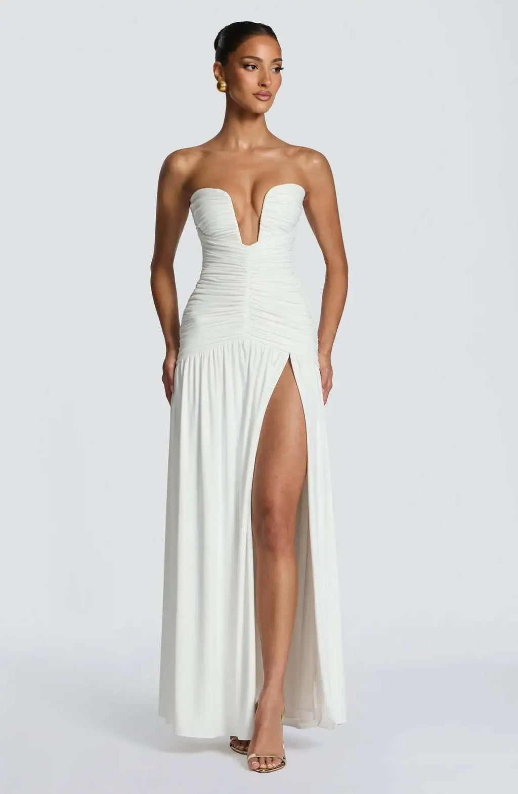 Women Elegant Deep V-neck Pleated Strapless Dress Chic Off-shoulder Backless Split Maxi Dresses 2026 Lady Evening Party Vestidos