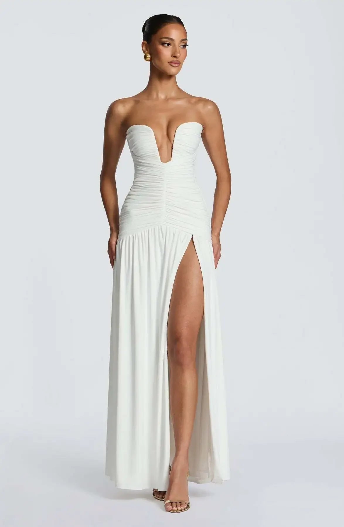 Women Elegant Deep V-neck Pleated Strapless Dress Chic Off-shoulder Backless Split Maxi Dresses 2026 Lady Evening Party Vestidos