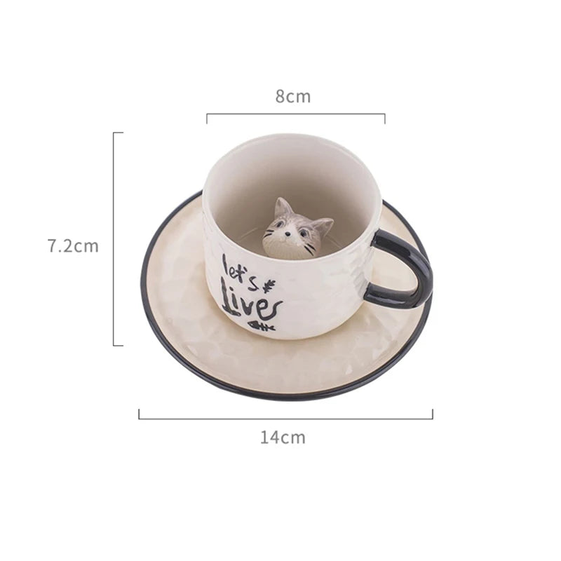 Modern Cartoon Cute Cat Ceramic Coffee Cup with Saucer Cute Cat Animal Porcelain Mug for Kids Birthday Gift Breakfast Milk Mug