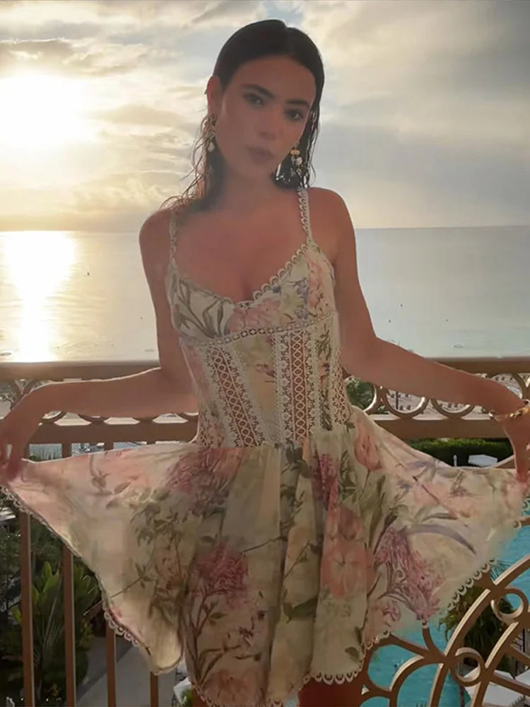 Sexy Printed Women's Dress V-neck Lace Hollow Out A-line Spaghetti Strap Pleated Lady Dresses 2026 Summer Chic Female Party Robe