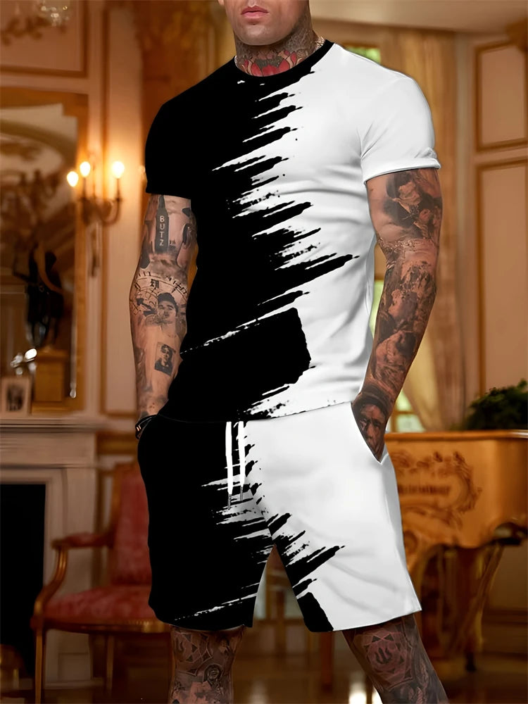 Men's New Summer Suit Fashion Striped Printed Round Neck Short Sleeve Shorts Two-piece Loose Breathable Home Fitness Style