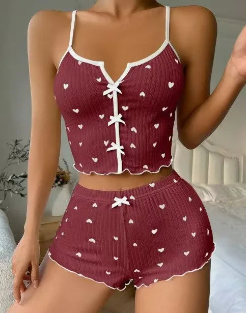 Summer New Arrival: Heart Print Cami Shorts Pajama Set - Trendy Cross Croptop Lounge Set for Women