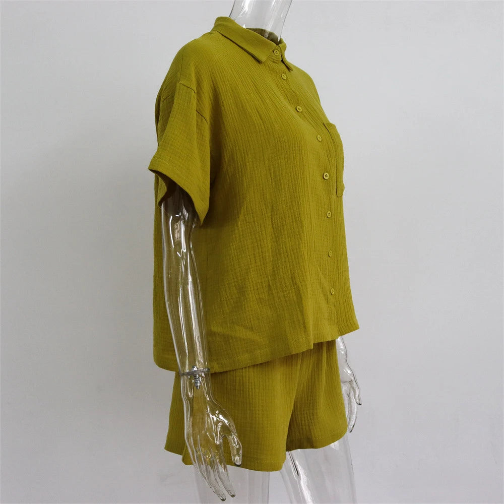 Summer Two Piece Set Women Shorts Suit Green Lapel Long Sleeve Shirts Sets Female Elegant Casual High Waist Pants Lady Outfits