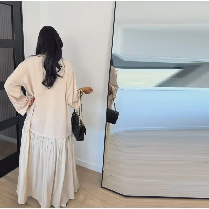 Solid Color Loose Fit Flare Sleeve Tiered Dress Crew Neck Ruffle Hem Pleated Long Maxi Dresses 2026 Spring Chic Casual Outwear