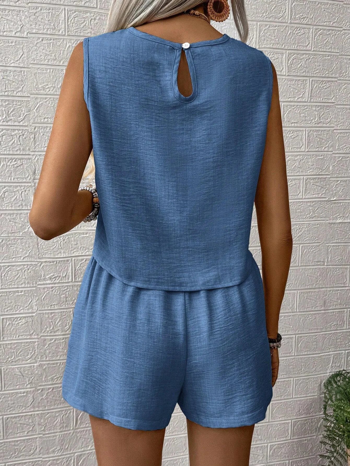 2026 Summer Women Solid Color 2Pcs Set Sleeveless Top Shorts Minimalist Casual Streetwear Loose Daily Vacation Outfit