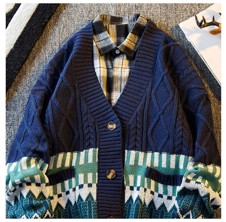 2023 New Autumn and Winter Retro Patchwork Diamond V-neck Color Matching Loose and Handsome Casual Knitted Cardigan for Men