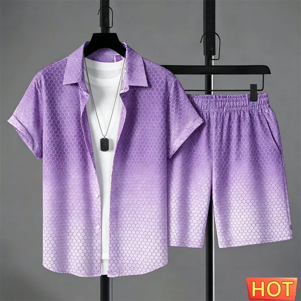 Summer Outfits Man Shirt Set Gradient Leisure Shirt Set Solid Color 2 Piece Set Leisure Vacation Outfit Two Piece Fashion Outfit