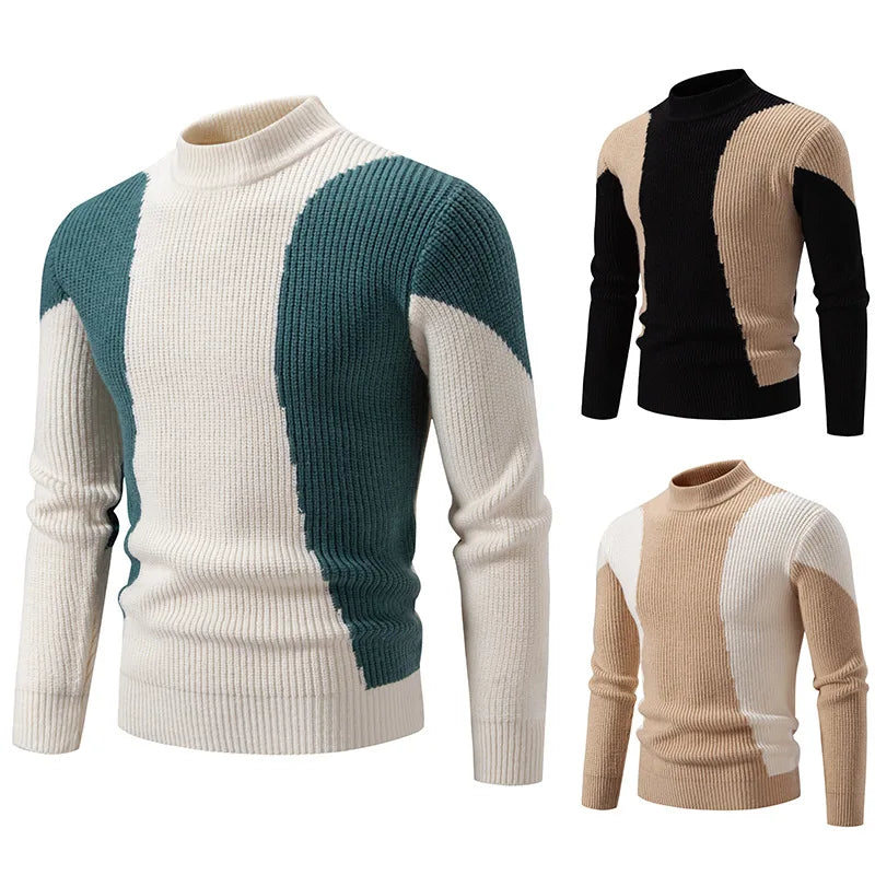 High Quality Men's New Autumn Winter Sweaters Casual Warm Mock Neck Pullovers Trend Color Blocking Design Men Sweaters Knit Tops