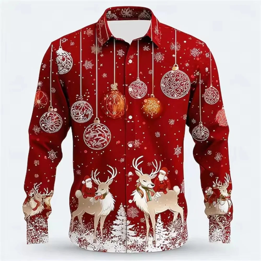 Christmas Festival Theme Men's 3D Printed Formal Shirts Christmas Tree Santa Claus Graphic Long Sleeve Shirt Fashion Men's Shirt
