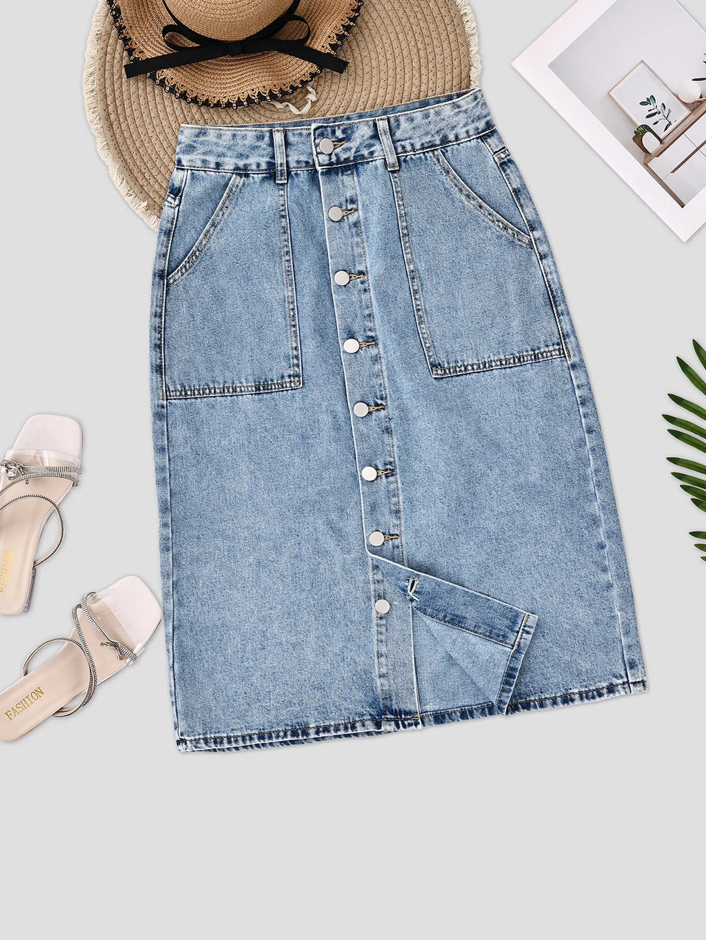European Beautiful Woman High Waist Elastic Medium and Long Denim Skirt, Thin Split Fork Over Knee Hip Wrap One Step Skirt