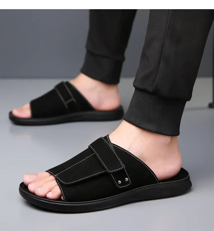 New Men's Slip-On Sandals with Magic Tape Outdoor Anti-Slip Soft Bottom Flat Slippers Versatile Comfortable Summer Shoes-1102