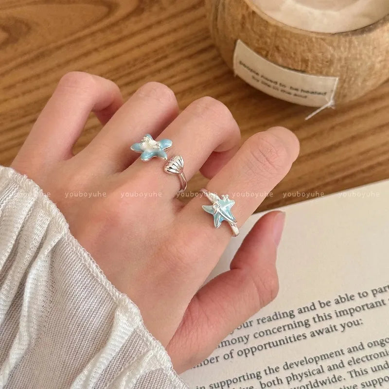 Sweet Blue Starfish Shell Rings for Women Girls Fashion Imitation Pearl Open Rings Summer Ocean Vacation Jewelry Accessories