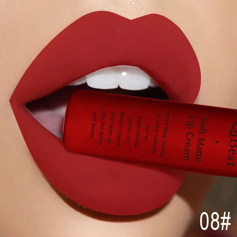 QIBEST Velvet Matte Nude Liquid Lipstick Makeup Sexy Red Lipgloss Waterproof Long-lasting Purple Black Orange Lip Stain Cosmetic