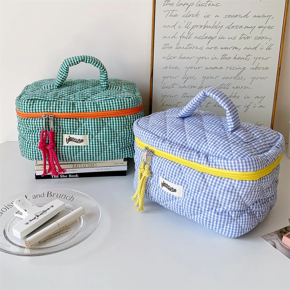Plaid Cosmetic Bag Set Simple Style Large Capacity Portable Cosmetic Tools Storage Bag for Home Bathroom Toiletry Bag
