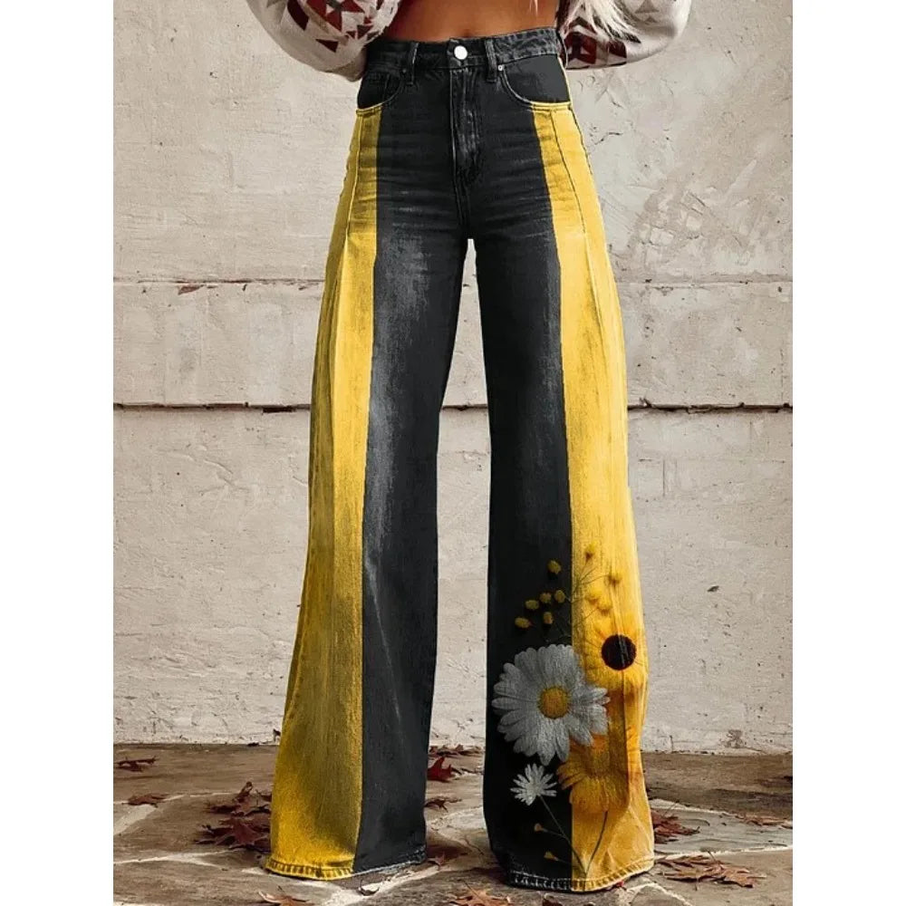 Pink Green Aztec Geometric Print High Waist Wide Leg Pants Cotton Casual Boho Trousers Vintage Women's Western Casual Trousers