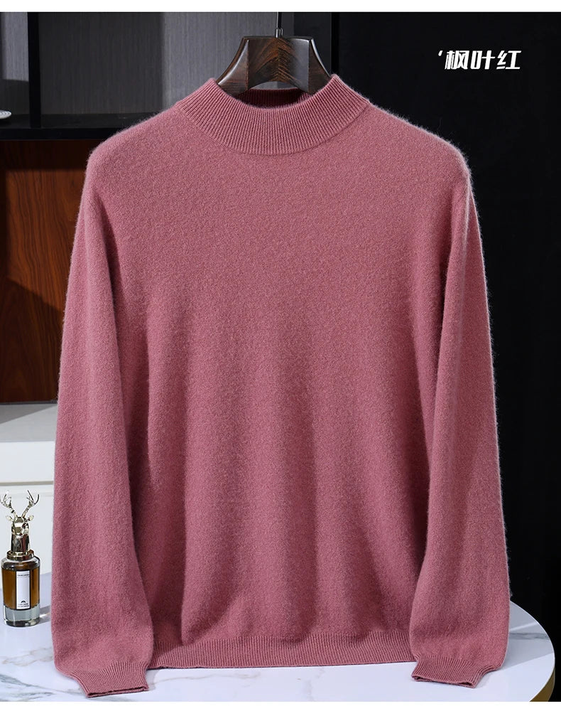 Autumn/Winter Men's 100% Pure Cashmere Pullover Business Casual Solid Knitted Sweater Loose Half High Neck Tops Thick Jumper