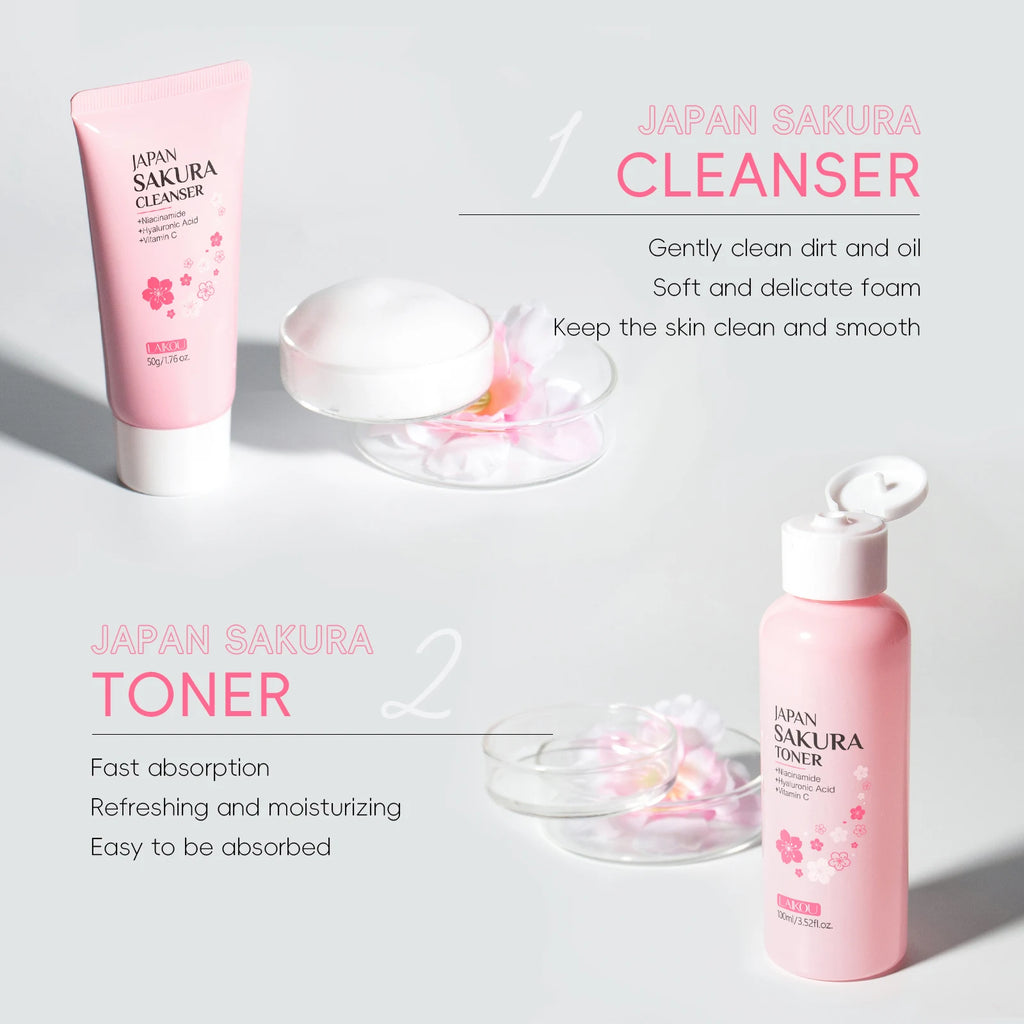 LAIKOU Japan Sakura Full Skincare Set Cleanser Toner Serum Cream Eye Cream Sunscreen Travel Kit Complete Facial Care