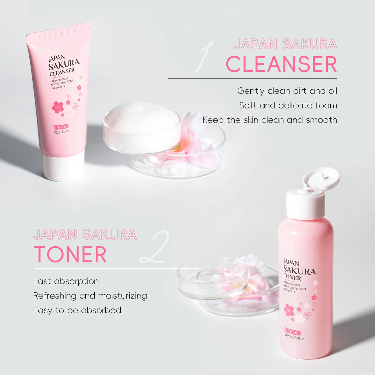 LAIKOU Japan Sakura Full Skincare Set Cleanser Toner Serum Cream Eye Cream Sunscreen Travel Kit Complete Facial Care