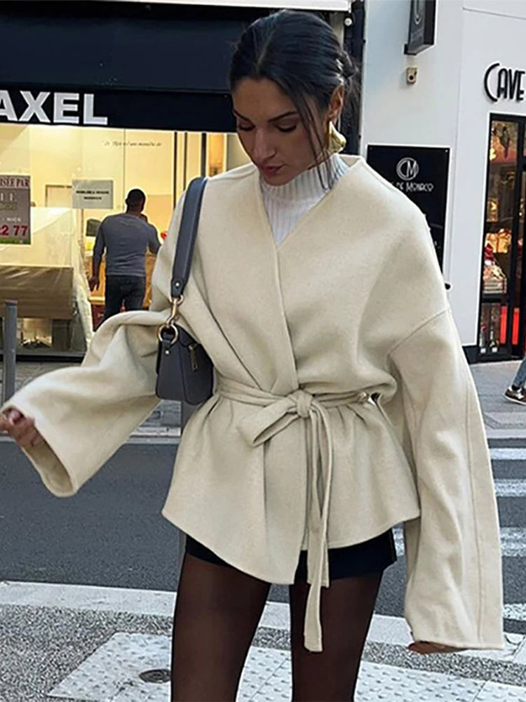 Collarless Belt Jacket Coat Lace-up Minimalism Beige Gentle Short Woolen Overcoat Waist Cinching Women Autumn Winter Overcoat