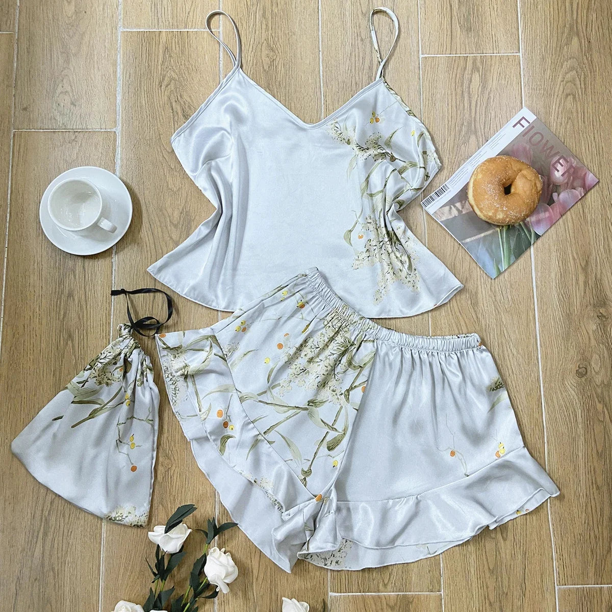 Summer Elegant  Print Cami Tops Ruffle Hem Shorts Pajama Set  Women's Sleepwear V Neck Strap Loungewear