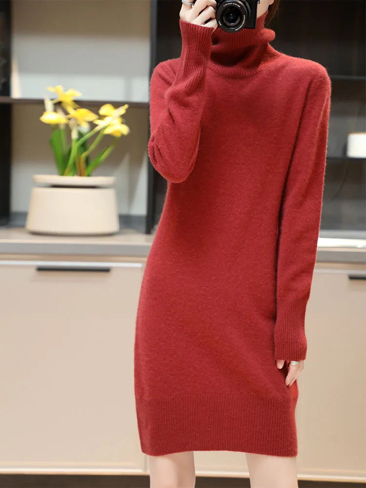 Elegant Cashmere Sweater Womens Dresses 100% Merino Wool Autumn Winter Turtleneck Knitted Dress Female Casual Long-Sleeve Skirts