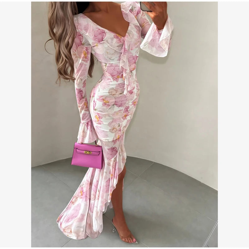 Women Pink Floral Print Maxi Dress Elegant V Neck Ruffle Trim Flare Sleeve Ruched High Chiffon Dresses 2026 Lady Party Vestido