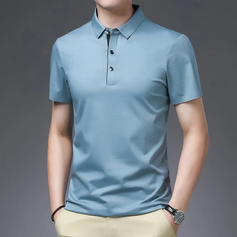 Bamboo Fiber Viscose And Cotton Blend Polo Shirt Men Short Sleeve Collar New Seamless T-shirt Summer Thin Lightweight Poloshirt