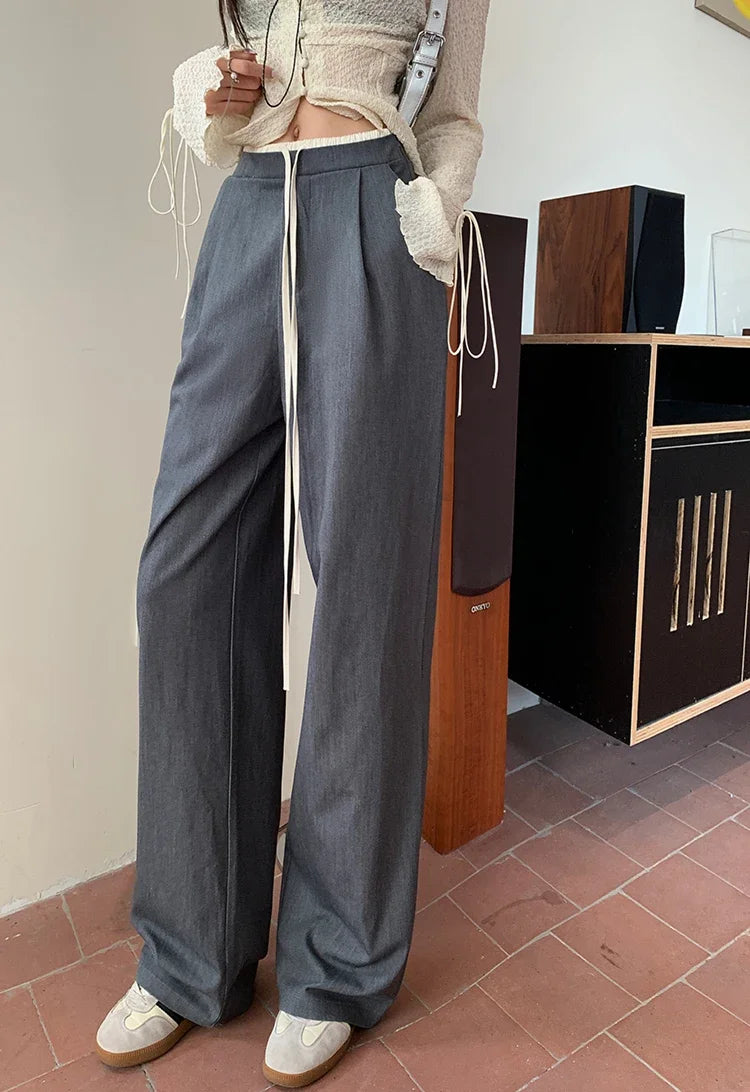 Elastic Waist Drawstring Loose Slim Casual Versatile Trousers 2026 Autumn New High Waist Women Wide Leg Suit Pants