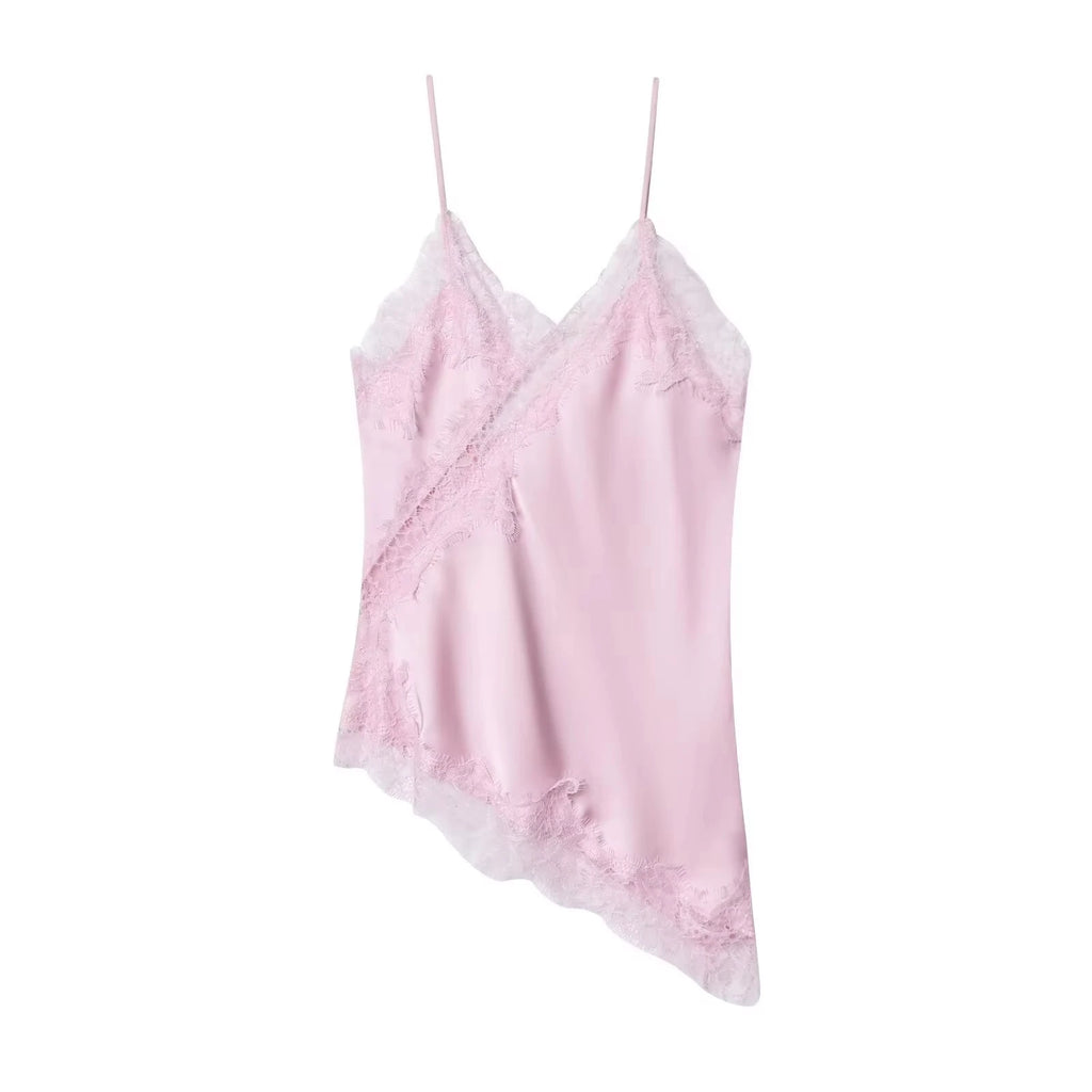 HH Women Fashion Lace Stitching Camisole Asymmetric Hem Sexy Backless Tank Top Summer Trend Lady Club Party Evening Chic Tops