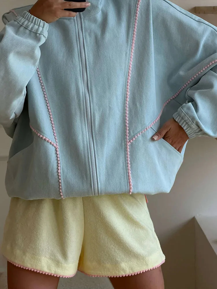 Polka Dot Cropped Windbreaker Jacket, Contrast Pink Seam Piping Side Pockets Loose Outerwear 2026 Autumn Street Daily Lady Coat