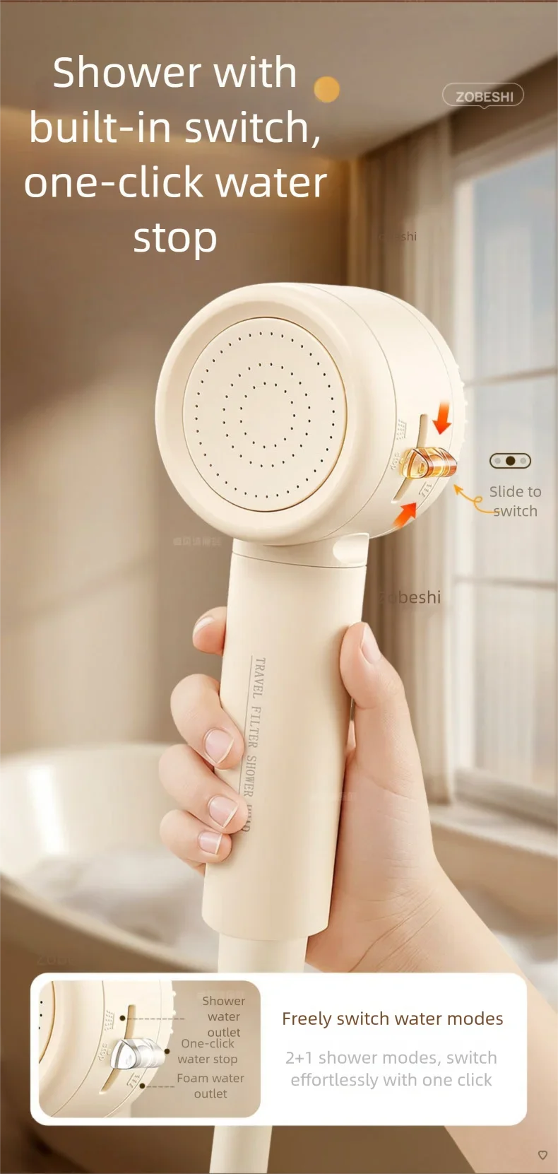 2+1 Modes Filter Shower Head High Pressure Adjustable Handheld Shower Head One Button Stop Bathroom Accessories