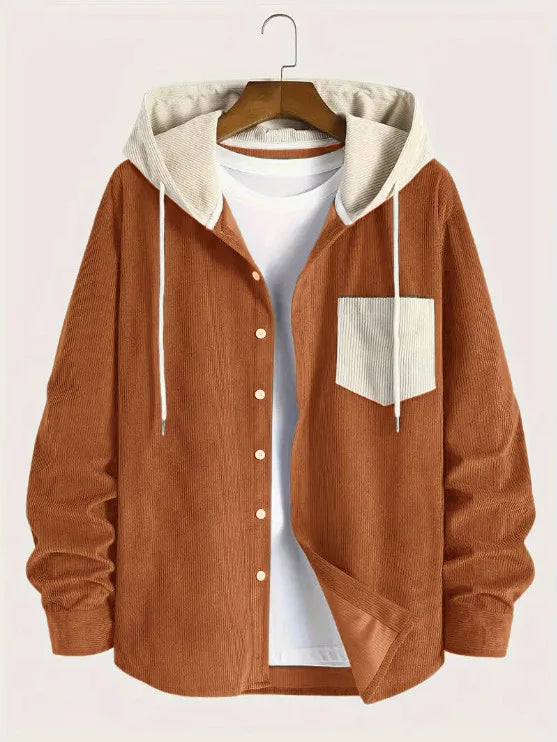Men's Color Blocked Casual Jacket, Corduroy Long Sleeved Hooded Shirt Jacket, Spring and Autumn Outfit